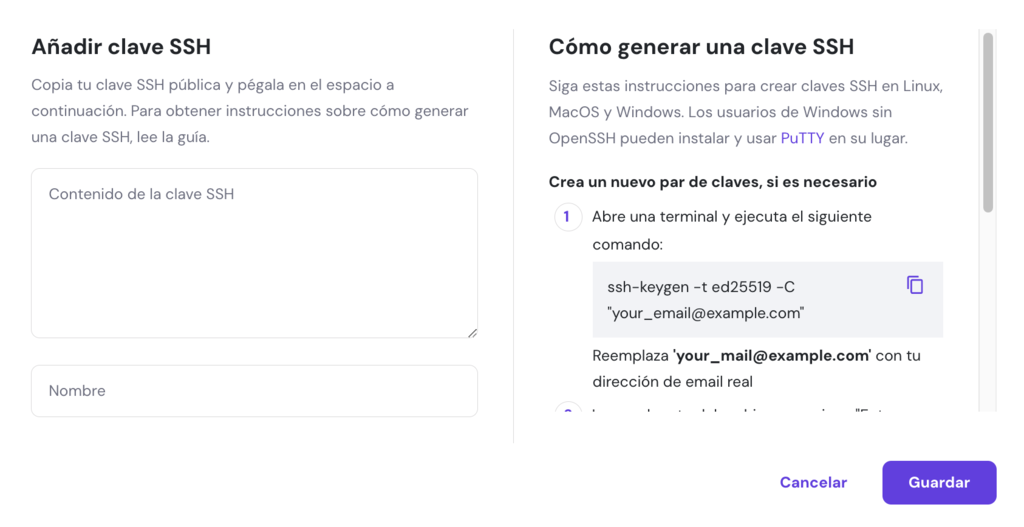 Añadir clave SSH en hPanel