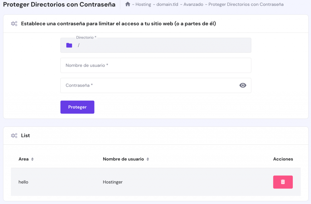 La página Proteger directorios con contraseña en hPanel