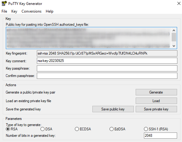 Ejemplo de clave SSH en PuTTY Key Generator