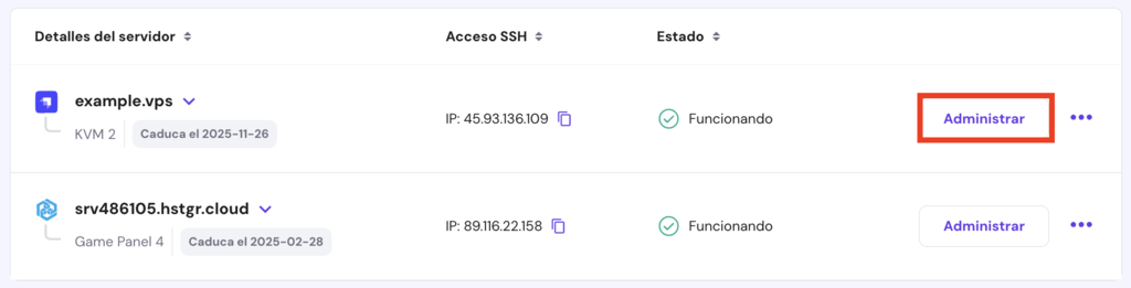 Panel de control de VPS en hPanel