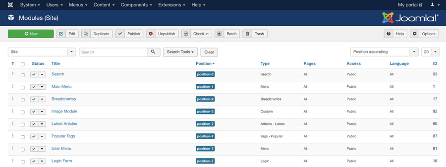 Menú de módulos Joomla en el tablero