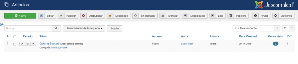 Sección de gestión de artículos en el panel de control de Joomla.
