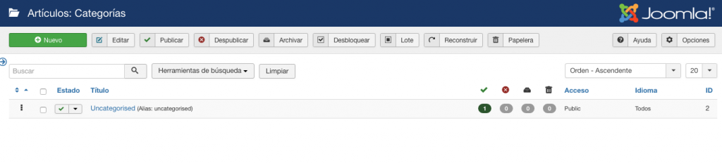 Sección de gestión de categorías en el panel de control de Joomla.