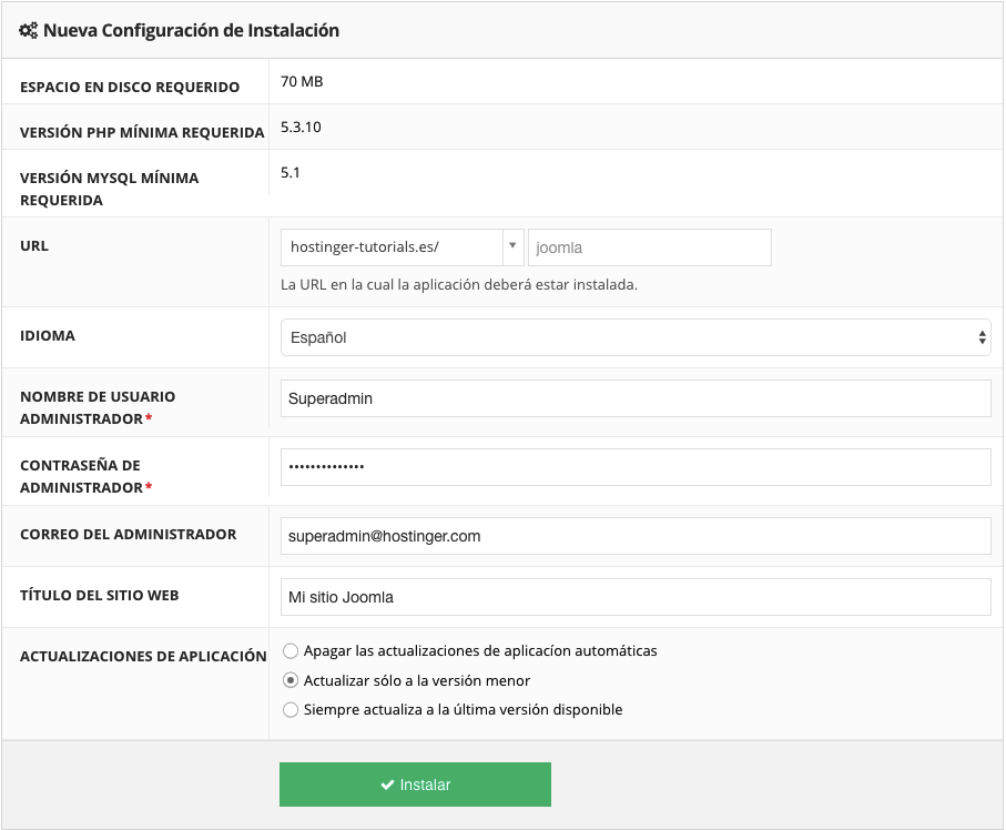 Asistente de instalación de Joomla CMS