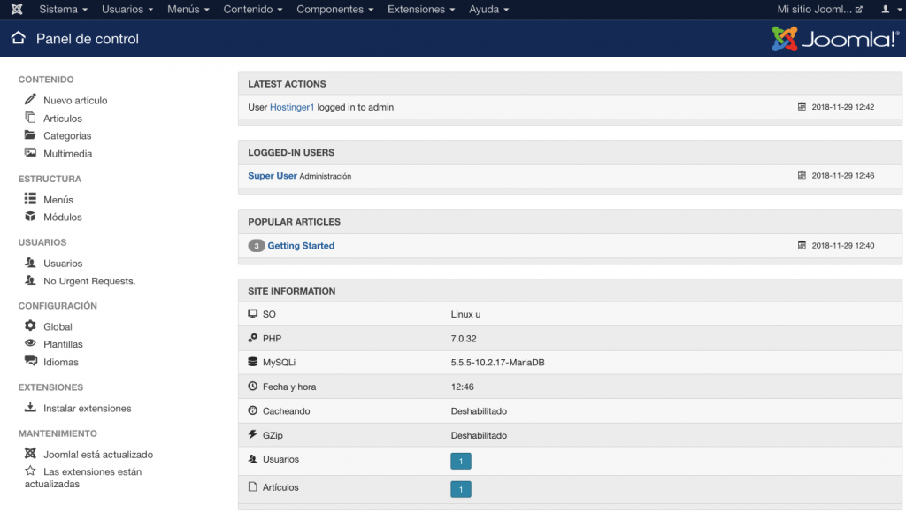 La vista principal del tablero de Joomla.