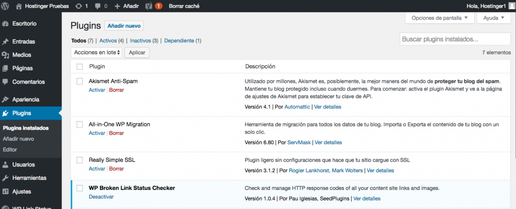 Comprobando plugins instalados en el panel de WordPress