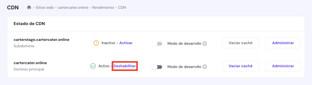 Sección de CDN en hPanel