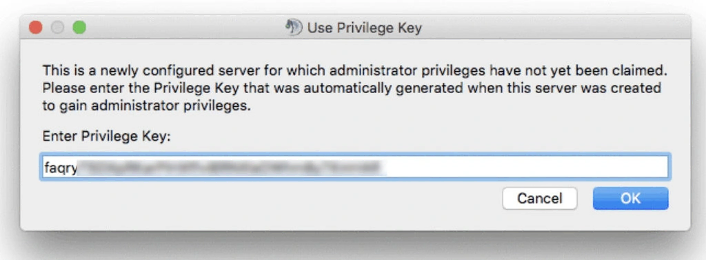 Ingresar de clave privilegiada para el servidor TeamSpeak 3 en Mac