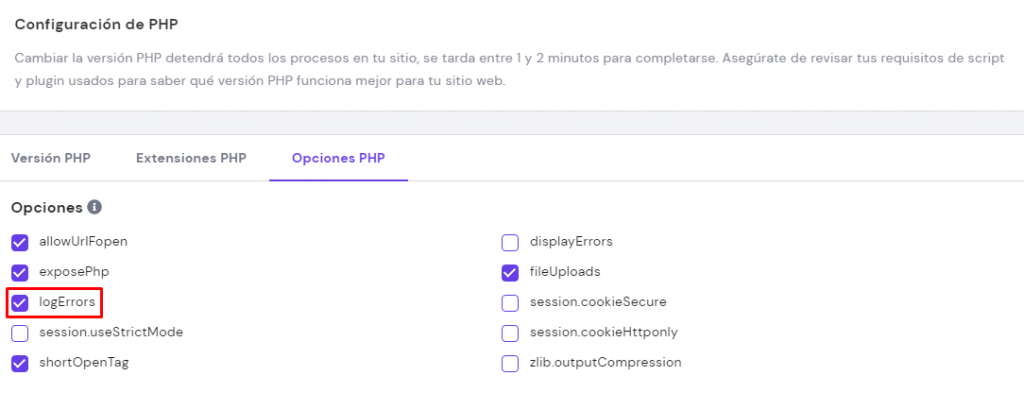 Opciones PHP en hPanel