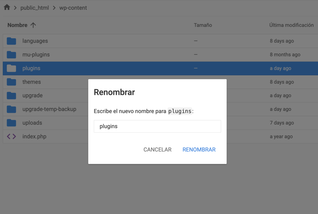 Ventana de renombrar carpeta en hPanel