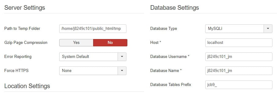 Tu configuración de la base de datos Joomla.