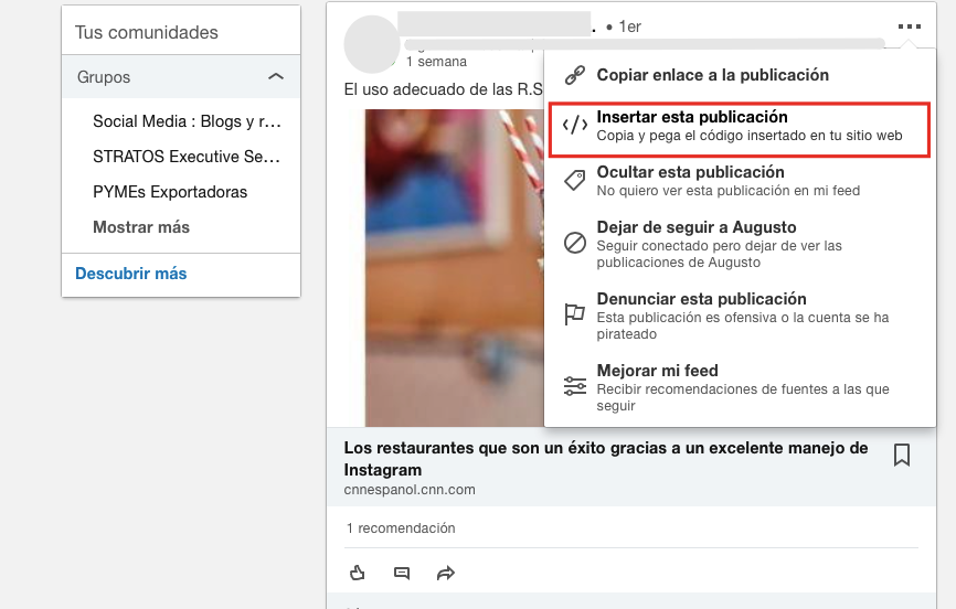 Insertar una publicación de LinkedIn.