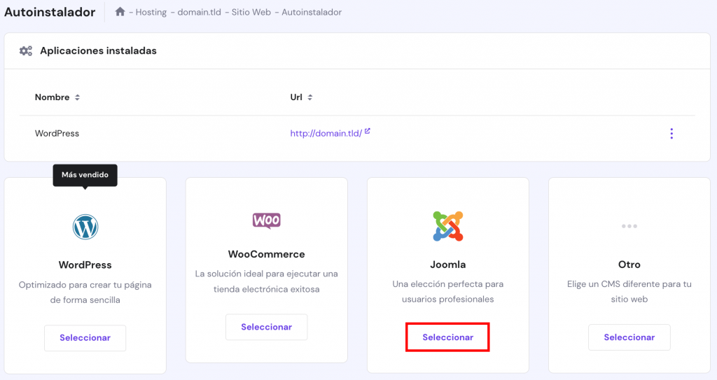El instalador automático en hPanel con Joomla seleccionado