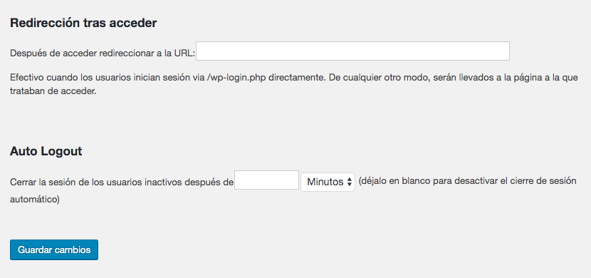 Configuración de redireccionamiento y cierre de sesión automático de inicio de sesión en intranet WordPress