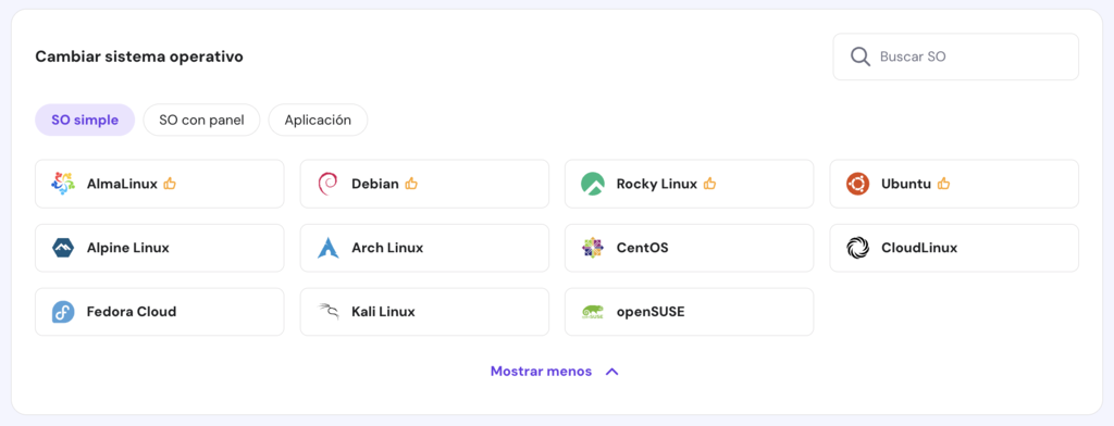 Sección para cambiar SO en hPanel