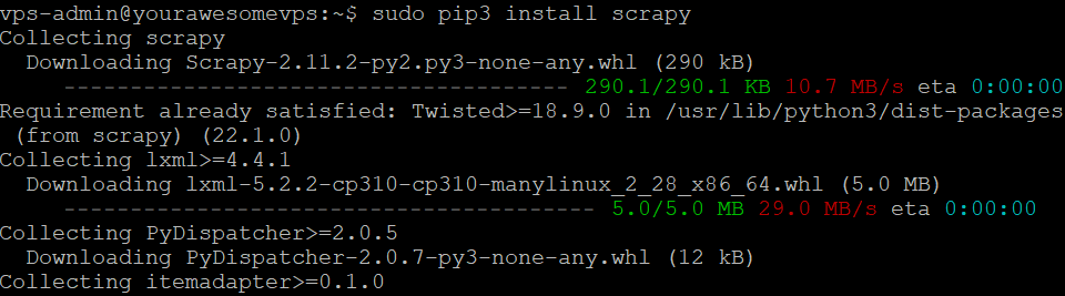 Uso de sudo pip3 install scrapy