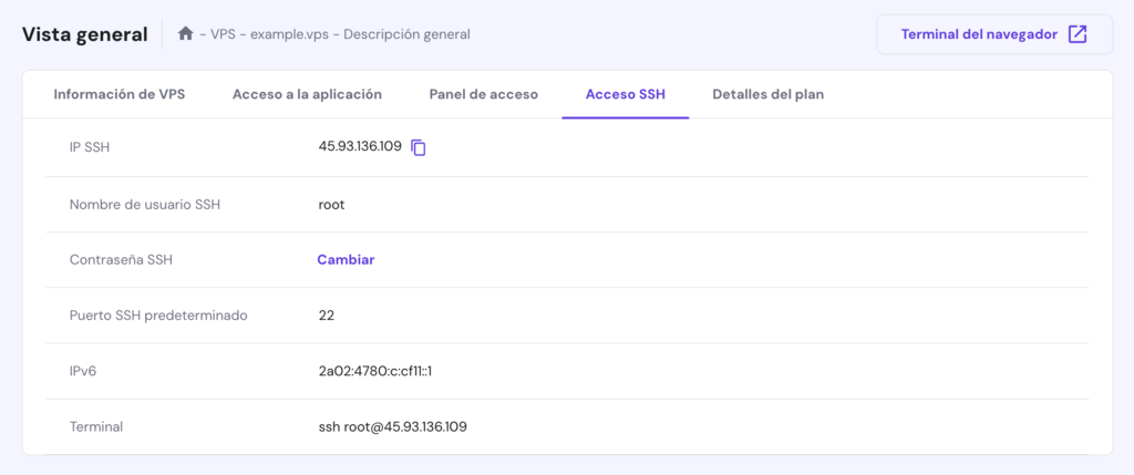 Vista general de VPS en hPanel