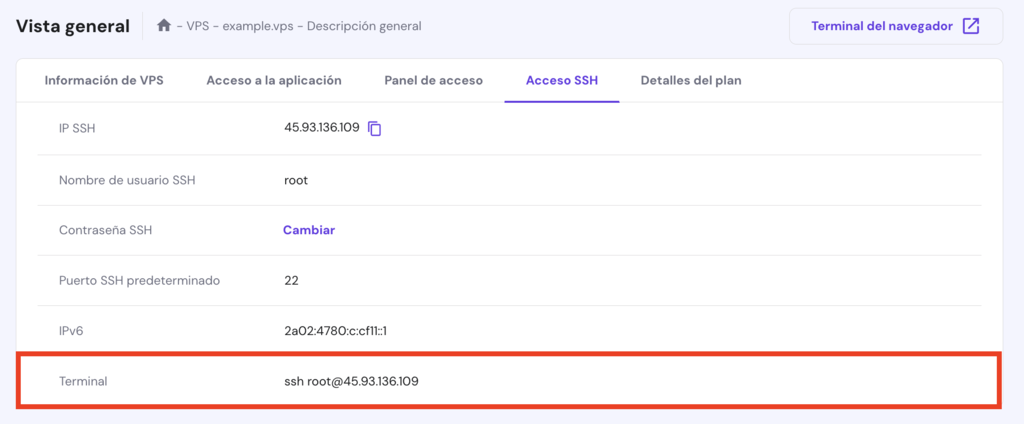 Ventana Acceso SSH en hPanel