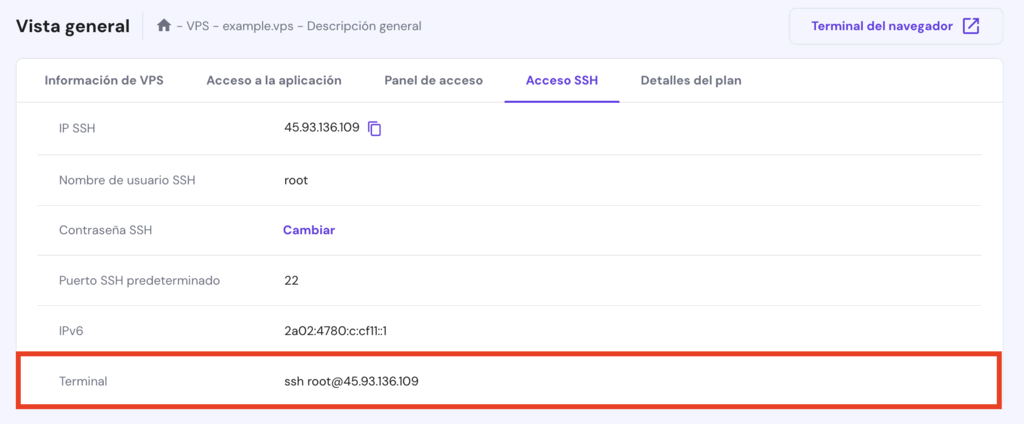 Ventana Acceso SSH en hPanel