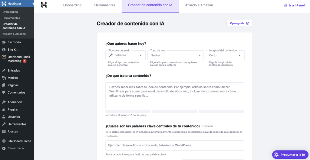 Creador de contenido con IA de Hostinger