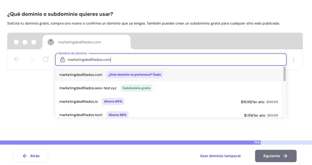 Elegir nombre de dominio en hPanel