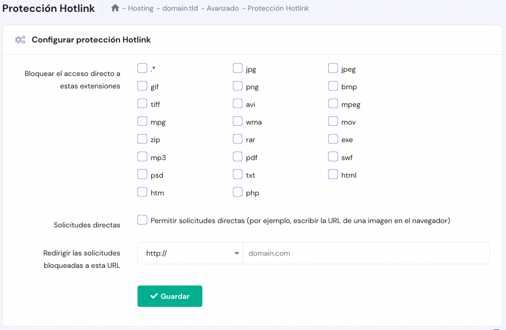 La página de protección Hotlink en hPanel