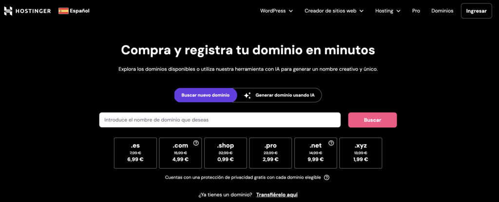 Landing page de comprar dominio en Hostinger