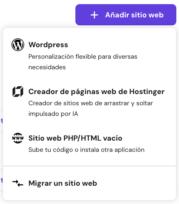 Sección para elegir tipo de sitio web en hPanel