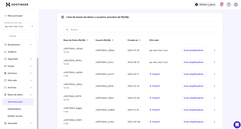 Bases de datos en hPanel