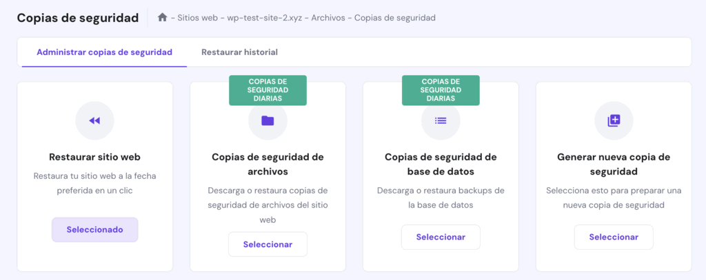 Menú de copias de seguridad de hPanel