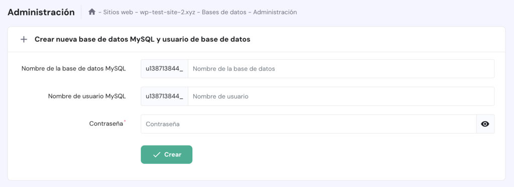 Sección para Crear una nueva base de datos MySQL