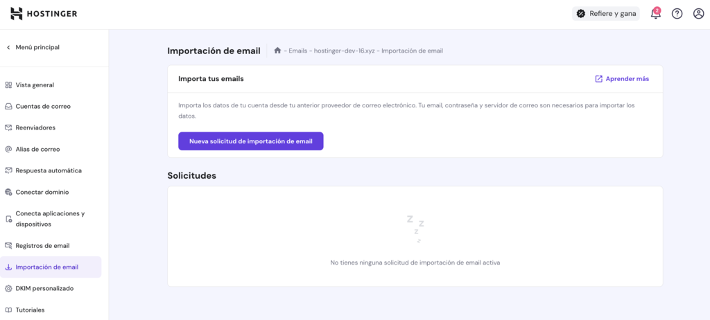 Importación de correo en hPanel