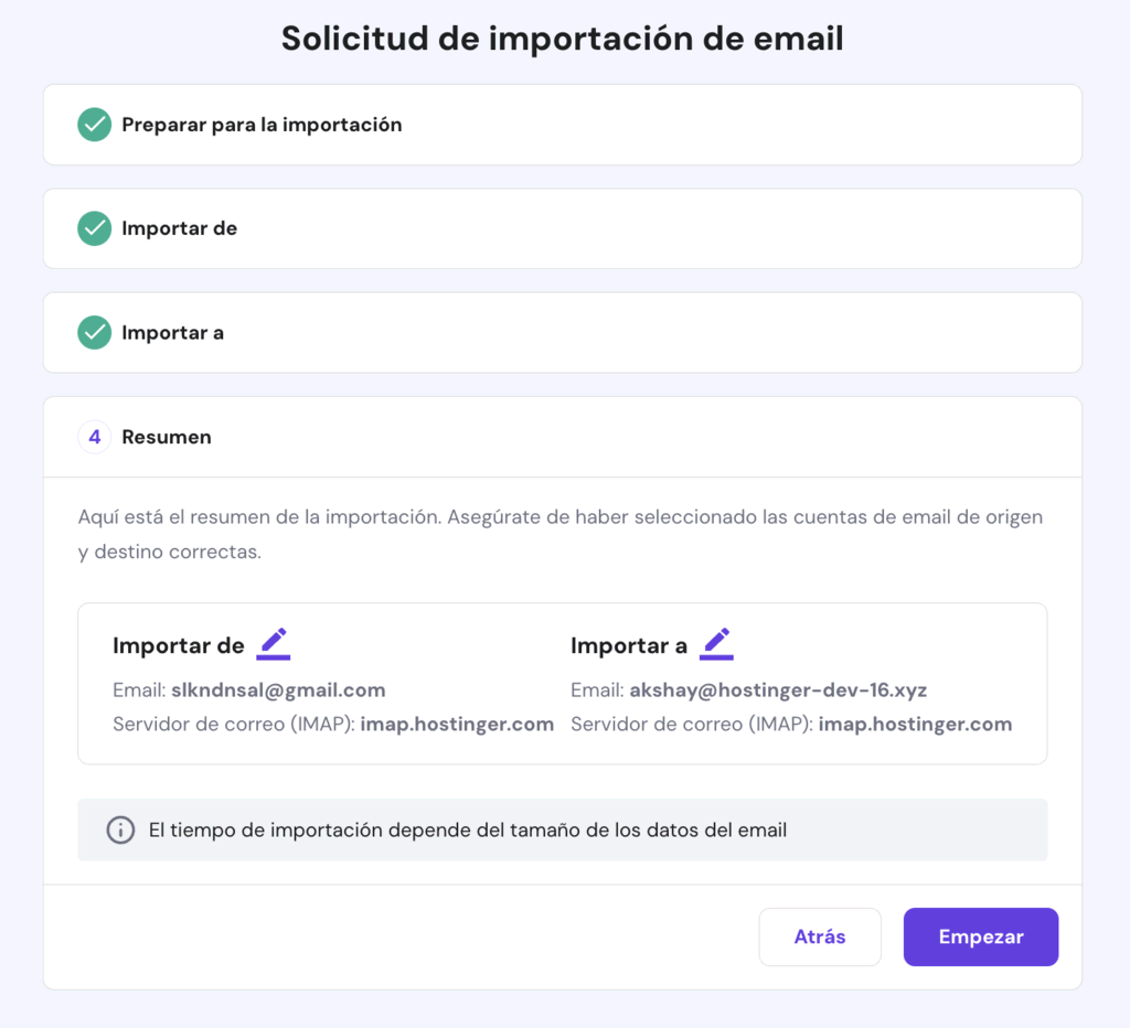 Solicitud para importar email en hPanel