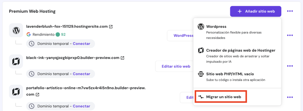 Opción para migrar sitio web en hPanel