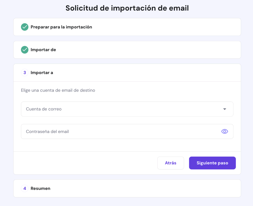 Solicitud para importar email en hPanel