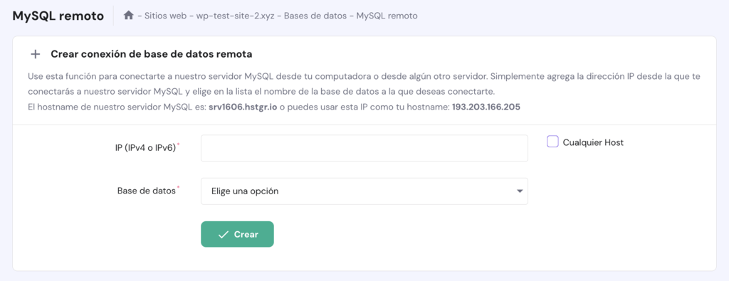 Sección de MySQL remoto en hPanel