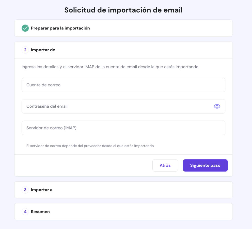 Solicitud para importar email en hPanel