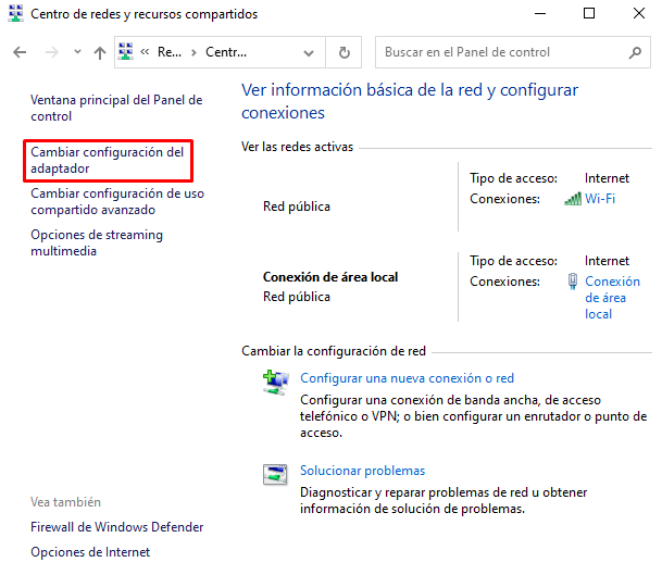 Centro de redes y recursos compartidos de Windows