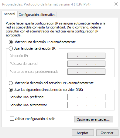 Propiedades TCP/IPv4 en Windows