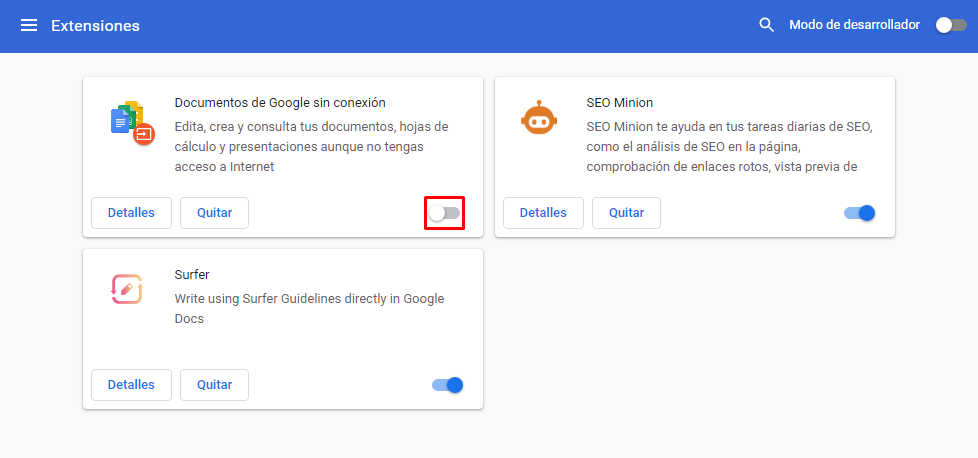 Desactivar extensión en Chrome