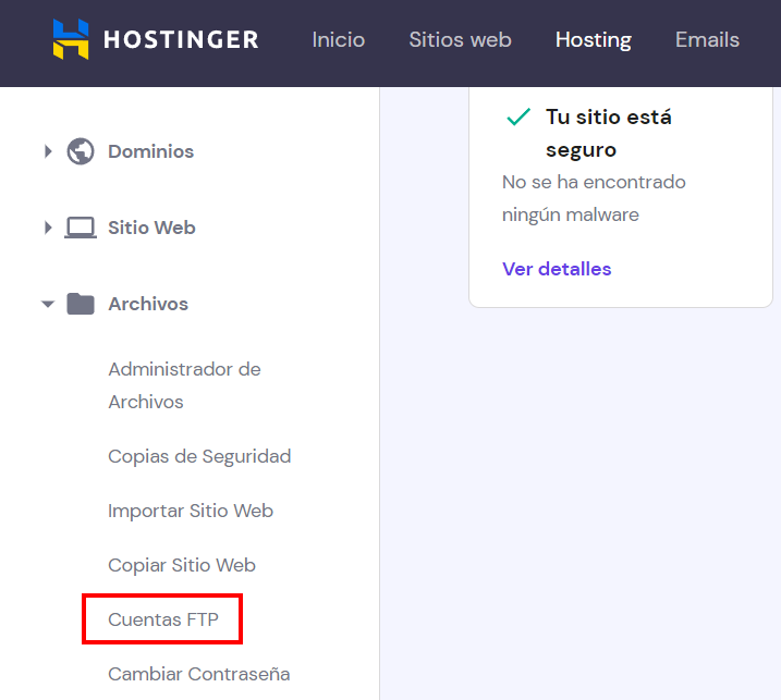 Opción de Cuentas FTP en el hPanel