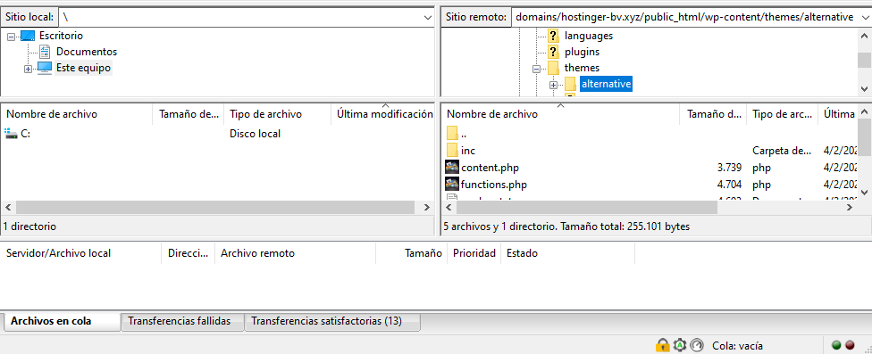 Tema alternative subido a sitio remoto en FileZilla