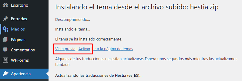 Instalación del tema Hestia finalizada