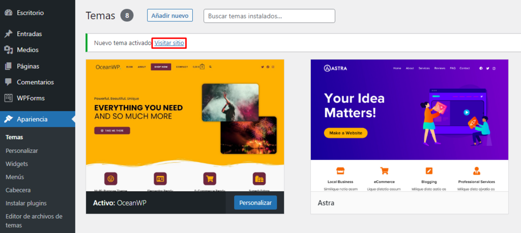 La notificación que aparece en WordPress con el botón Visitar sitio tras activar un tema