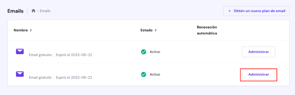 Opción Administrar en la sección de Emails de hPanel