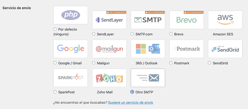 Sección Servicio de envio de WordPress