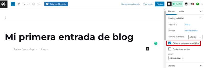 Opción para fijar la entrada a la parte superior del blog