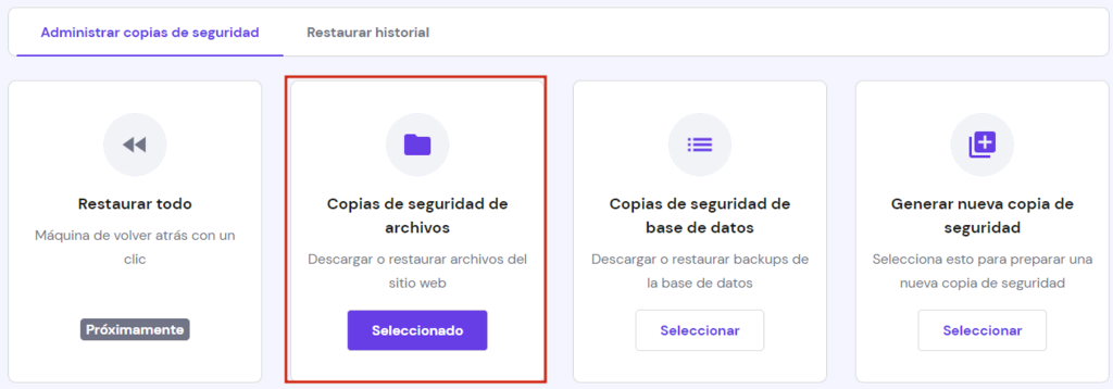 Sección de copias de seguridad de hPanel