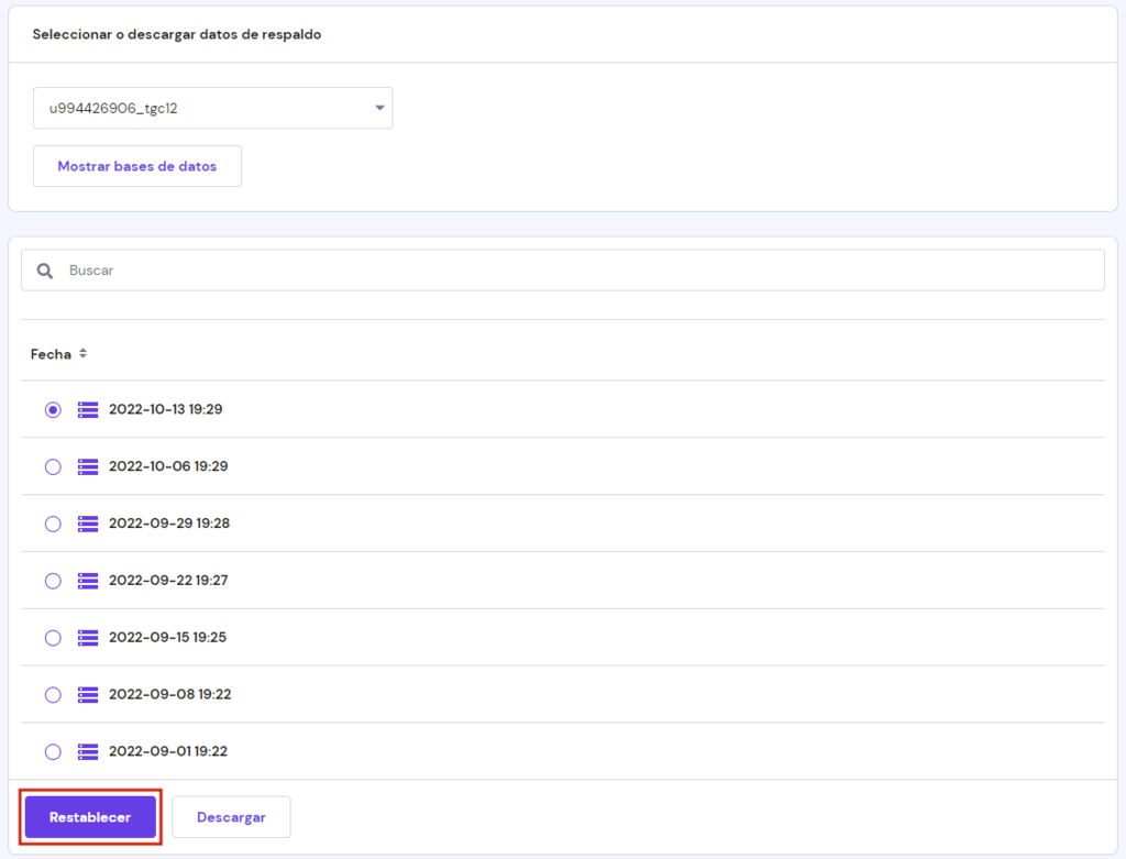 Sección para descargar datos de respaldo en hPanel