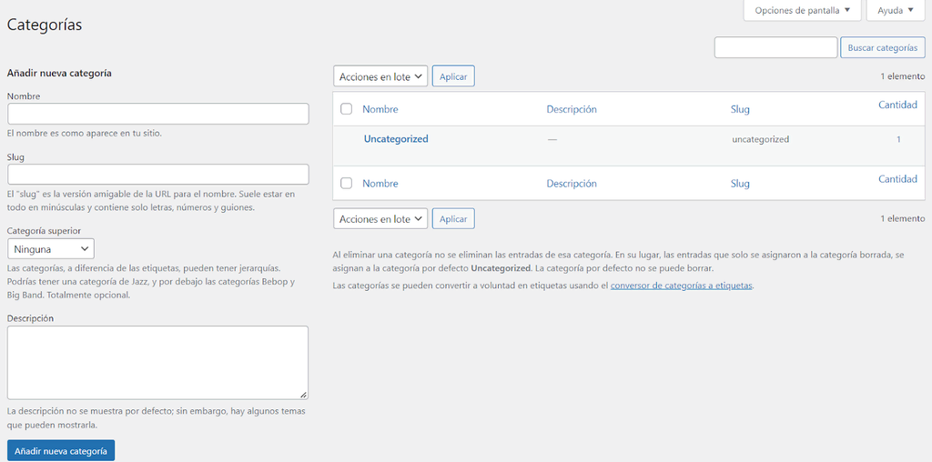 Sección de categorías de WordPress